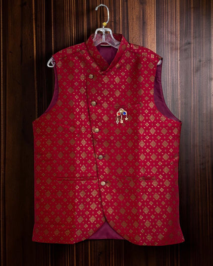 Kurti Connection USA deep red Nehru jacket with gold geometric patterns, mandarin collar, and decorative chest brooch.