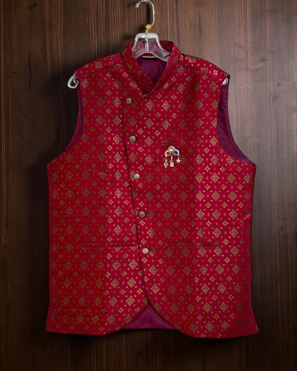 Kurti Connection USA deep red Nehru jacket with gold geometric patterns, mandarin collar, and decorative chest brooch.