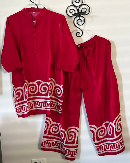 Kurti Connection USA red traditional kurti and pant set with white geometric hem patterns and mandarin collar