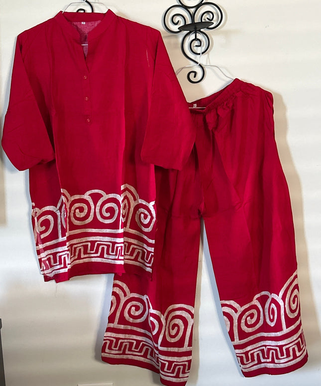 Kurti Connection USA red traditional kurti and pant set with white geometric hem patterns and mandarin collar