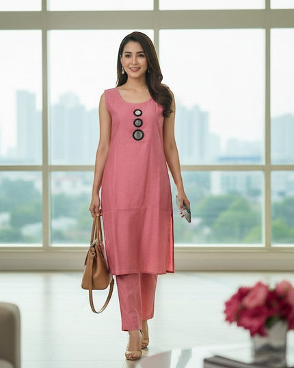 Kurti Connection USA rose textured sleeveless kurti with round neck and mirror embellishments, paired with matching pants.