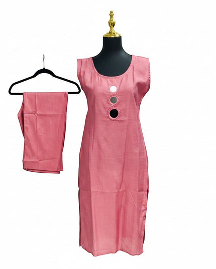 Kurti Connection USA rose textured sleeveless kurti with round neck and mirror embellishments, paired with straight-leg pants.
