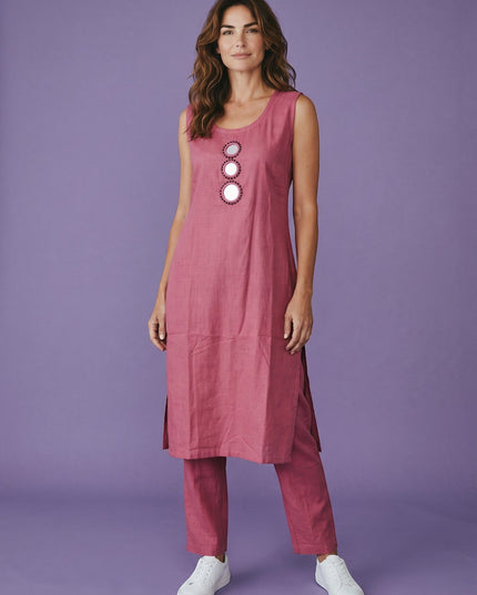 Kurti Connection USA rose textured sleeveless kurti with round neck and mirror embellishments, paired with matching pants.