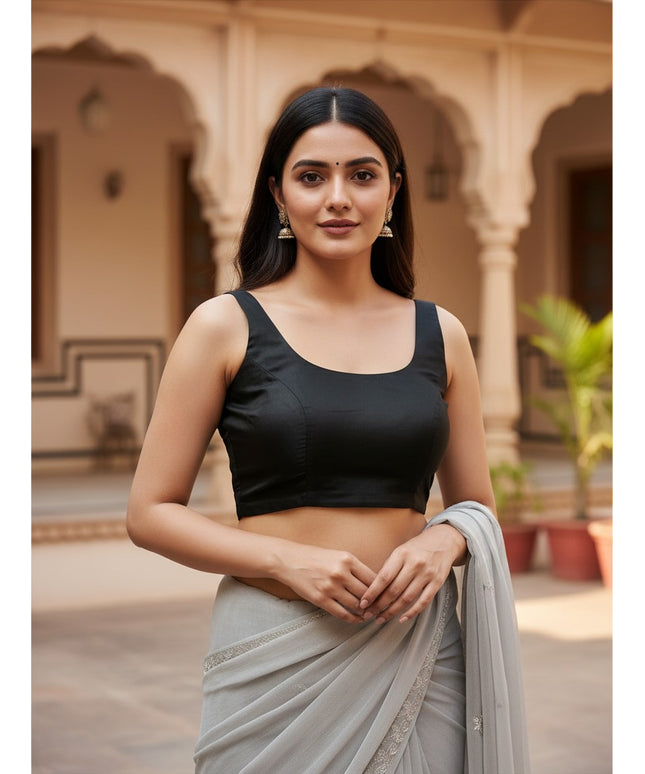 Kurti Connection USA sleeveless black ethnic blouse with a scoop neckline worn by a woman with a grey saree