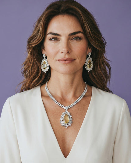 Kurti Connection USA statement necklace and teardrop earrings set with yellow stones and clear crystals.