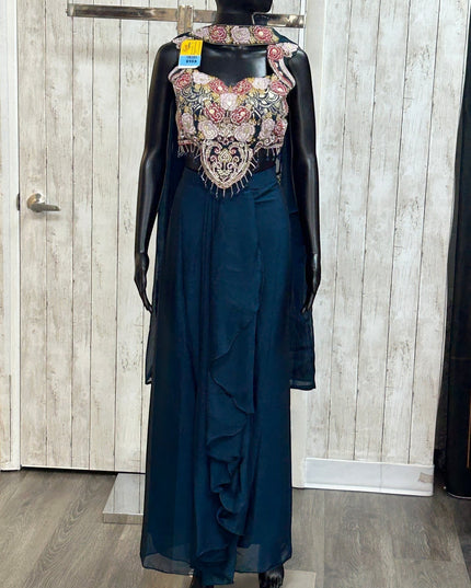 Kurti Connection USA deep teal embellished crop top and chiffon skirt set with floral embroidery and cape overlay