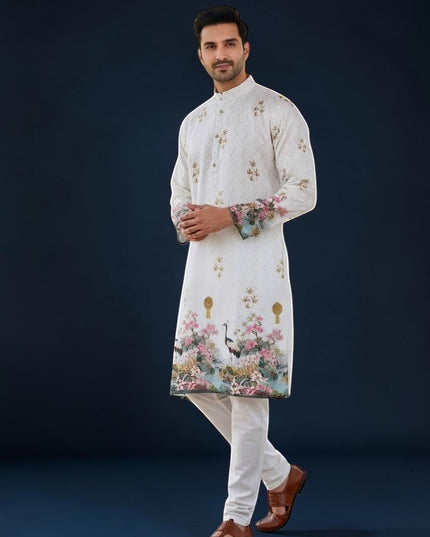Kurti Connection USA white embroidered kurta for men with floral and crane print accents on sleeves and hem.