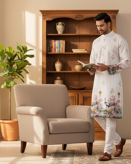 Kurti Connection USA white embroidered kurta for men with floral and crane print accents on sleeves and hem.