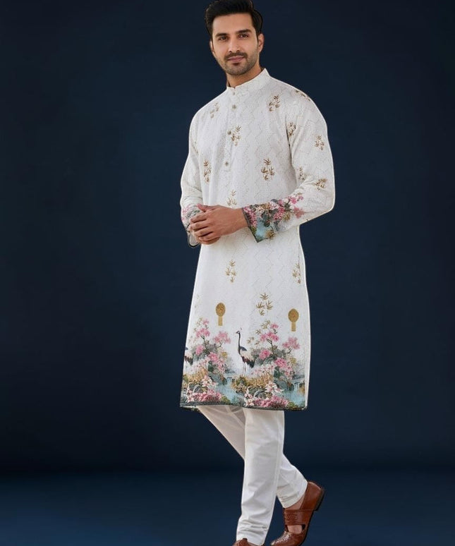 Kurti Connection USA white embroidered kurta for men with floral and crane print accents on sleeves and hem.