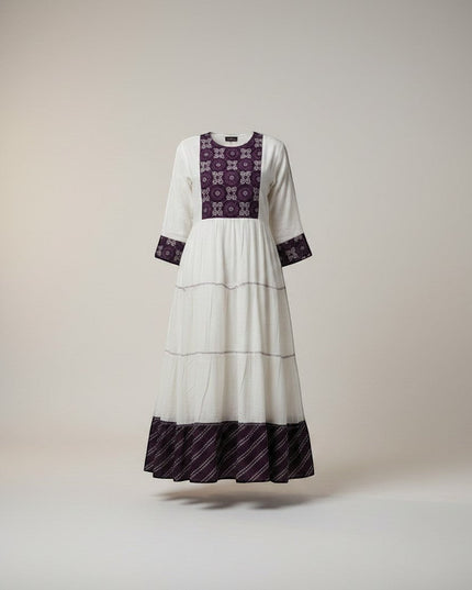 Kurti Connection USA white tiered maxi dress with embroidered purple yoke and cuffs, long sleeves, and a flowing silhouette.