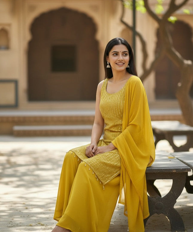 Kurti Connection USA yellow sleeveless kurti with pearl accents and matching palazzo pants, embellished with vertical stripes.