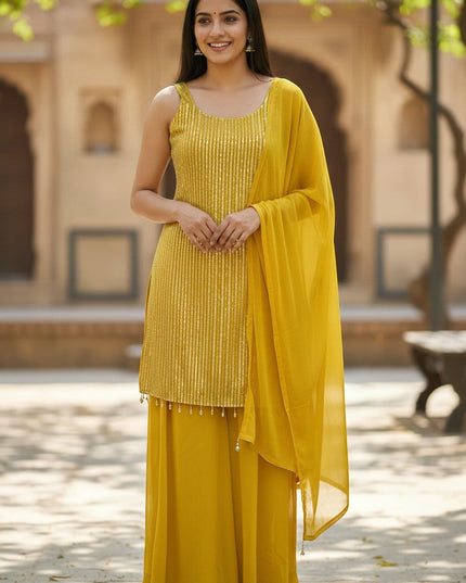 Kurti Connection USA yellow sleeveless kurti with pearl accents and palazzo pants, embellished with vertical stripes.