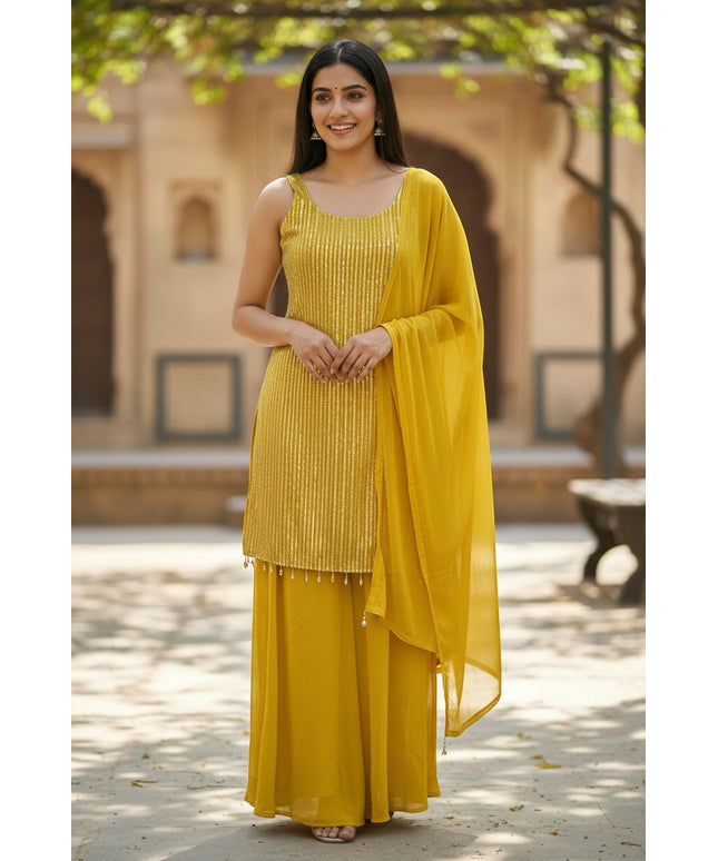 Kurti Connection USA yellow sleeveless kurti with pearl accents and palazzo pants, embellished with vertical stripes.