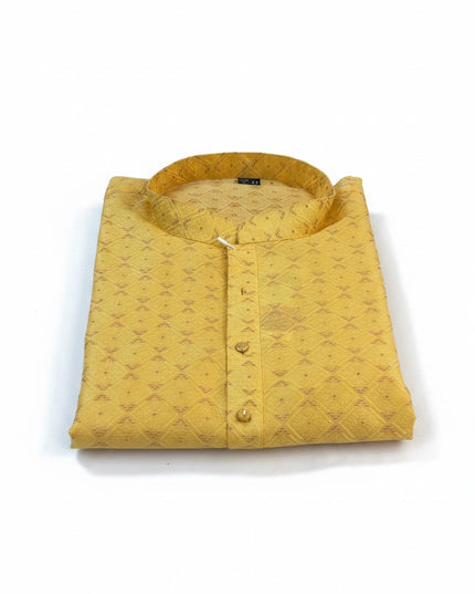 Kurti Connection USA yellow kurta with a subtle diamond pattern, featuring a mandarin collar and button-down front.