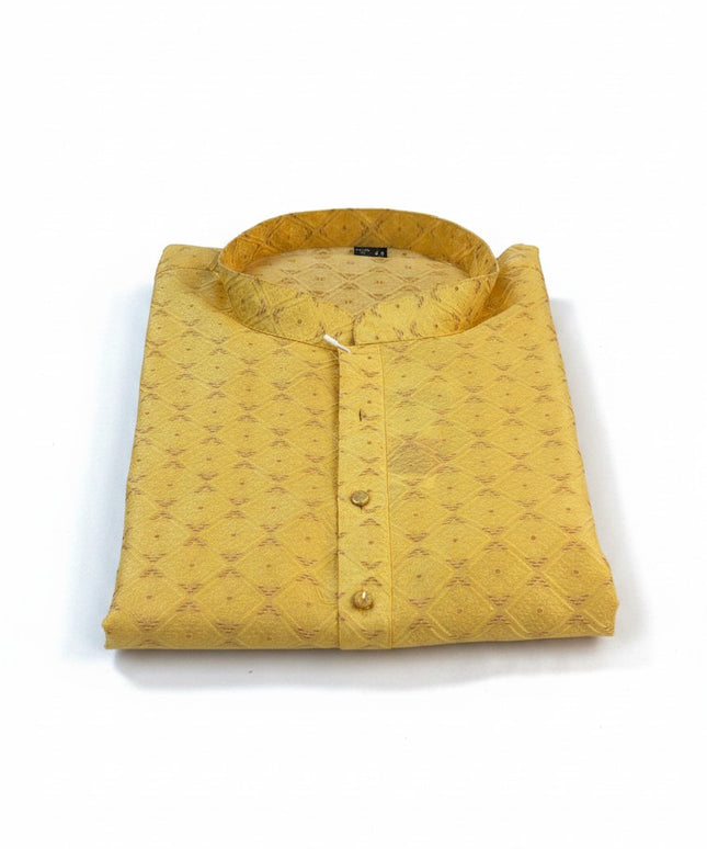 Kurti Connection USA yellow kurta with a subtle diamond pattern, featuring a mandarin collar and button-down front.