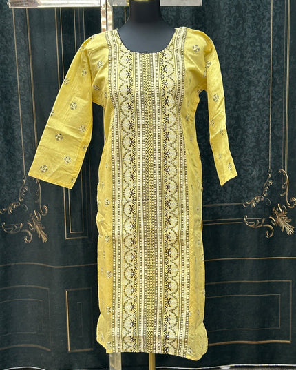 Kurti Connection USA yellow cotton kurti tunic with black and white traditional vertical print and three-quarter sleeves