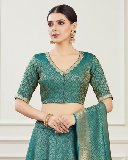Teal blue jacquard blouse modeling photo